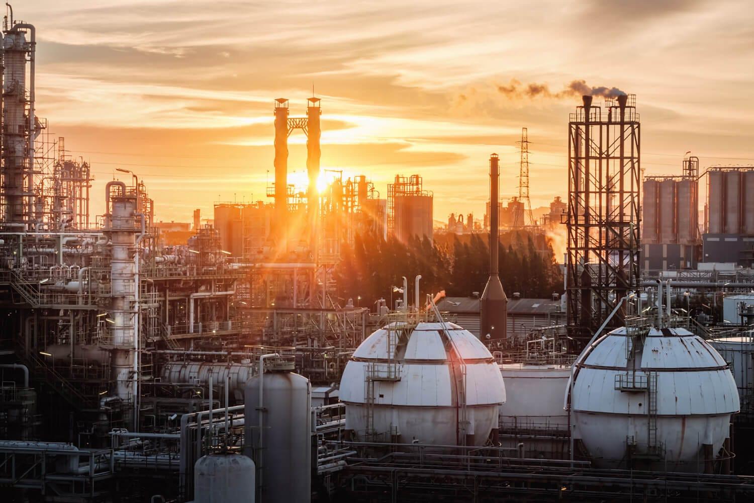 Refinery storage spheres at sunset