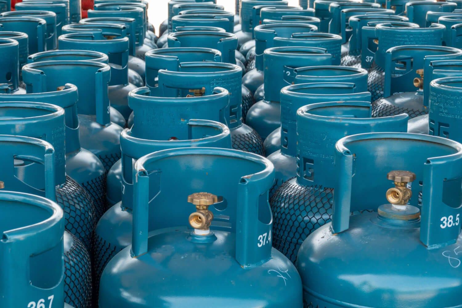 Stacked gas bottles ready for distribution